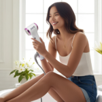 A woman using the JOVS Mini Wireless Hair Removal Device on her legs.