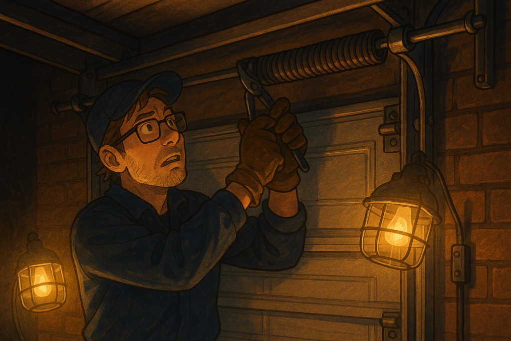 Technician performing emergency garage door spring repair at night with work lights