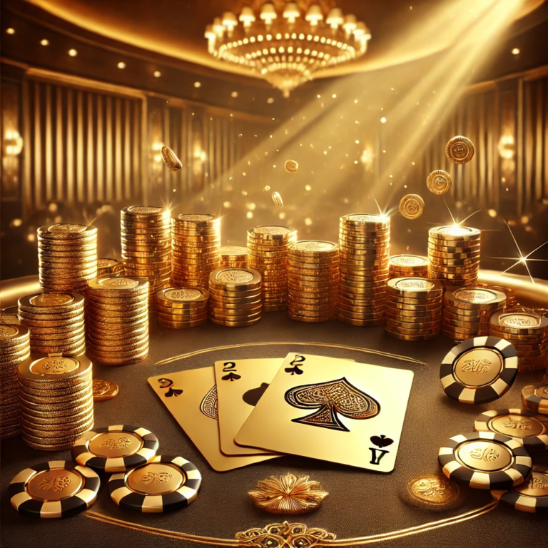 DALL·E 2025-03-05 14.58.34 - A luxurious Teen Patti card game scene with a golden theme. The image features a poker table with three playing cards (Teen Patti style), surrounded b