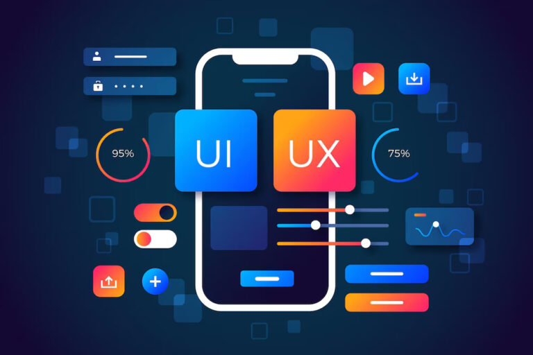 Colorful UI/UX design concept showing mobile app interface elements and graphs, representing UI/UX Designer & IT Consulting by Mohali’s Best Agency.
