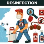 Extermination or pest control service and sanitary domestic disinfection vector flat design poster.