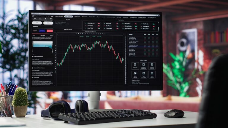 Empty workspace desktop running day trading stock market trends