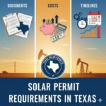 Solar permitting process in Texas infographic with icons for documents, costs, and timelines.