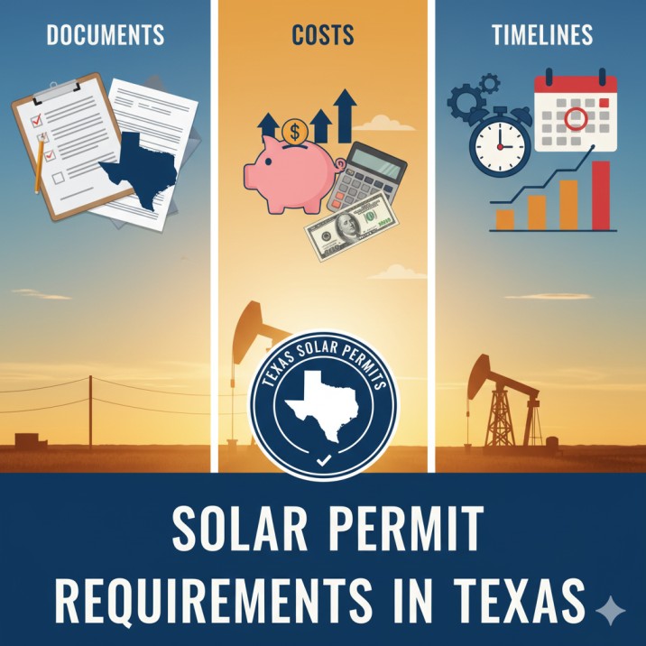 Solar permitting process in Texas infographic with icons for documents, costs, and timelines.