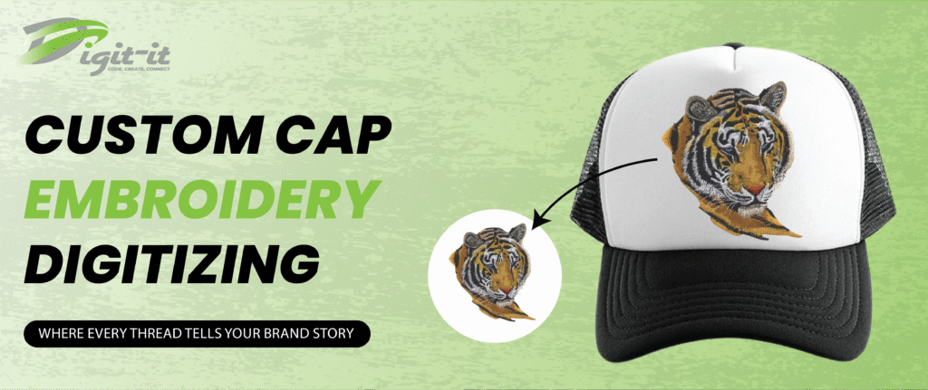 Professional cap digitizing process creating high-quality embroidery designs on curved caps.