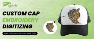 Professional cap digitizing process creating high-quality embroidery designs on curved caps.