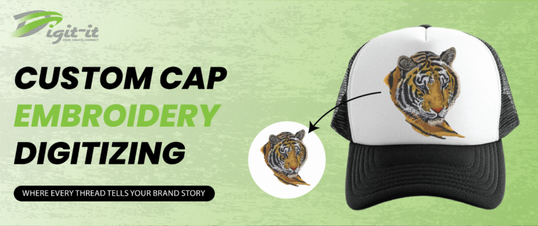 Professional cap digitizing process creating high-quality embroidery designs on curved caps.